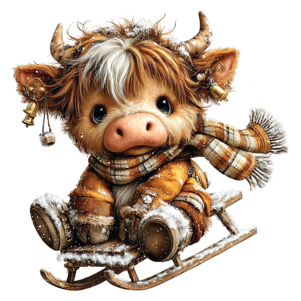 highland cow, christmas, winter scene, brown, orange, cream, white, plaid scarf, small horns, furry texture, snowflakes, wooden sled, cute character, festive, seasonal, fabric panel, quilting cotton, whimsical art, cozy mood, holiday themed