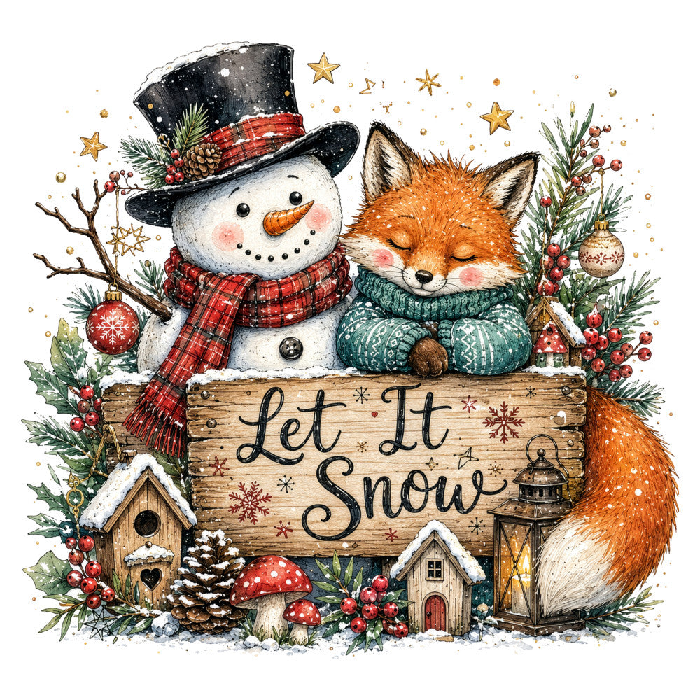 let it snow, snowman, fox, winter, christmas, holiday, red plaid, forest green, cream white, gold accents, woodland animals, festive, whimsical, rustic, traditional, nature, evergreen branches, pinecones, red berries, ornaments, stars, snowflakes, lantern, birdhouse, mushrooms, cozy, seasonal, winter wonderland, vintage style
