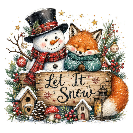 let it snow, snowman, fox, winter, christmas, holiday, red plaid, forest green, cream white, gold accents, woodland animals, festive, whimsical, rustic, traditional, nature, evergreen branches, pinecones, red berries, ornaments, stars, snowflakes, lantern, birdhouse, mushrooms, cozy, seasonal, winter wonderland, vintage style
