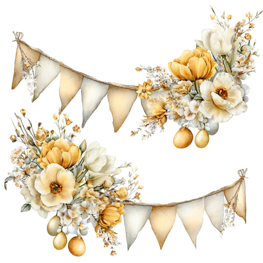 cream, ivory, gold, golden yellow, pale yellow, white, soft peach, muted beige, floral, botanical, roses, tulips, peonies, baby's breath, bunting banner, garland, vintage, romantic, elegant, whimsical, spring, easter, wedding, celebration, decorative ornaments, dried flowers, cottage core, farmhouse, pastel, soft color palette