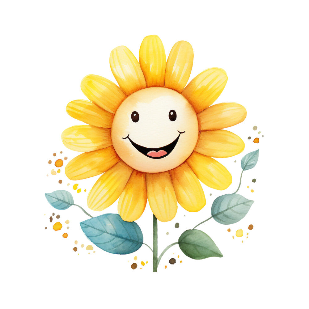 yellow flower, smiling face, sunflower design, happy expression, bright yellow petals, green leaves, watercolor style, cheerful artwork, floral motif, fabric panel, quilting cotton, children's theme, whimsical illustration, cartoon flower, nature design, spring theme, uplifting mood, craft fabric, sewing panel