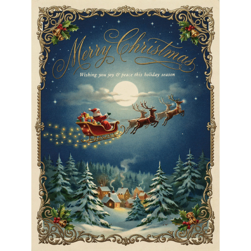 merry christmas, navy blue, gold, cream, forest green, red, winter, holiday, vintage, elegant, traditional, celestial, stars, moon, snow, reindeer, santa, sleigh, evergreen trees, snow-covered trees, winter village, houses, gifts, presents, christmas themed, nostalgic, ornate border, decorative frame, whimsical, magical