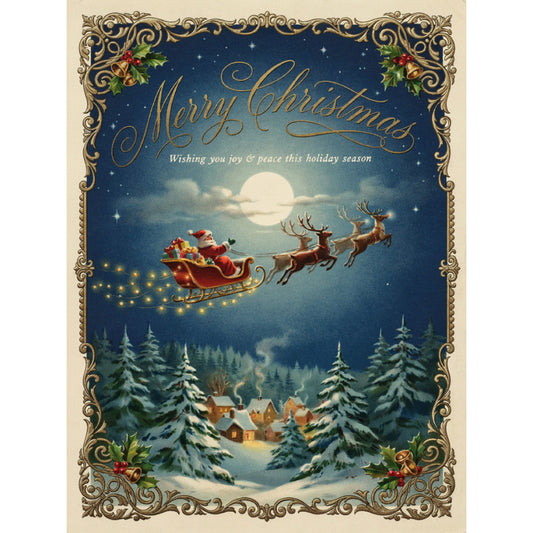 merry christmas, navy blue, gold, cream, forest green, red, winter, holiday, vintage, elegant, traditional, celestial, stars, moon, snow, reindeer, santa, sleigh, evergreen trees, snow-covered trees, winter village, houses, gifts, presents, christmas themed, nostalgic, ornate border, decorative frame, whimsical, magical