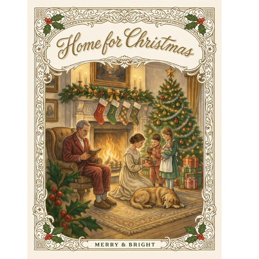 home for christmas, vintage christmas, traditional christmas, elegant christmas, family gathering, fireplace scene, christmas tree, stockings, gold ornaments, red ornaments, cream, gold, forest green, burgundy red, warm tones, holiday, winter, nostalgic, classic, timeless, decorative border, holly and berries, children, grandparent, dog, cozy home, festive, merry and bright, wall hanging, christmas decor