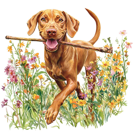 golden retriever, brown dog, cheerful dog, happy dog, playful dog, floral, wildflowers, daisy, pink flowers, yellow flowers, orange flowers, purple flowers, nature, dog lover, pet, animals, spring, summer, garden, outdoors, whimsical, cheerful, vibrant, colorful, rustic, farmhouse, woodland, dog panel, pet lover gift, children's