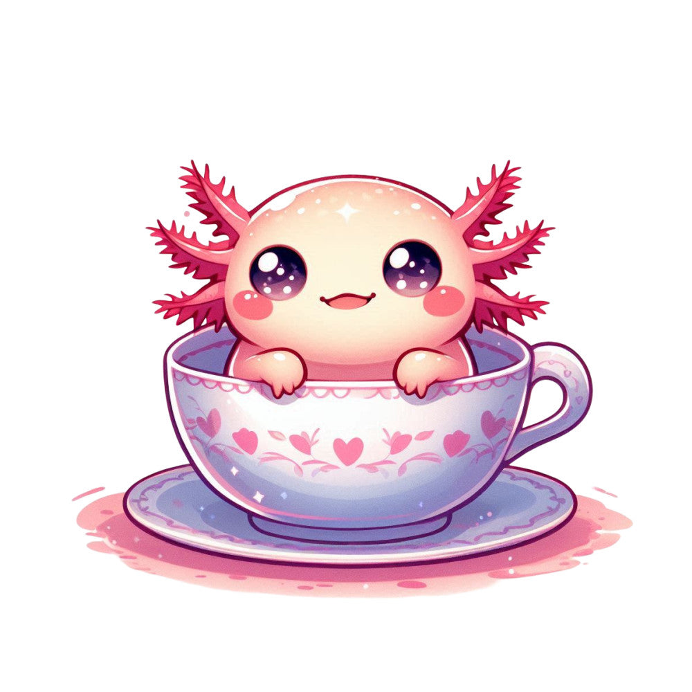 pink, purple, cream, pastel colors, axolotl, teacup, hearts, cute cartoon, kawaii style, adorable character, fabric panel, quilting cotton, nursery decor, children's fabric, whimsical design, soft colors, animal illustration, digital print, craft fabric, sweet expression