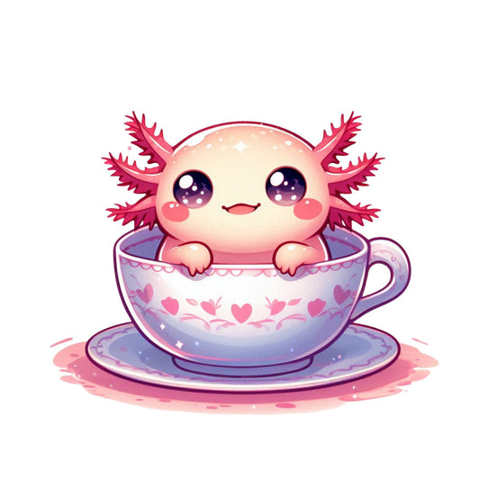 pink, purple, cream, pastel colors, axolotl, teacup, hearts, cute cartoon, kawaii style, adorable character, fabric panel, quilting cotton, nursery decor, children's fabric, whimsical design, soft colors, animal illustration, digital print, craft fabric, sweet expression