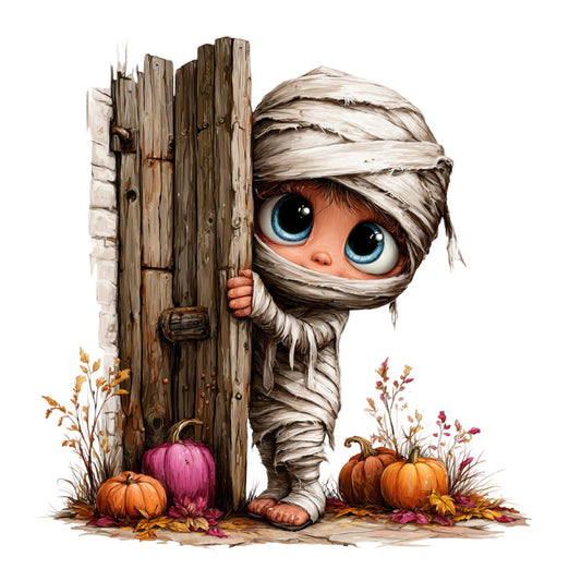 mummy, halloween, autumn, fall, pumpkins, spooky, cute, whimsical, character, woodland, rustic, orange, cream, white, tan, burgundy, mauve, seasonal, holiday, trick or treat, wrapped, bandages, big eyes, adorable, children's, playful, festive, harvest, october, creepy cute