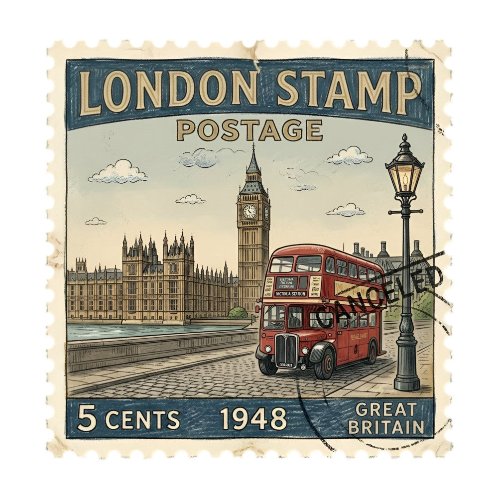 vintage london, postage stamp, big ben, double decker bus, red bus, british landmarks, great britain, 1948, retro travel, stamp design, cream beige, navy blue, red, vintage postcard, travel theme, nostalgic, classic british, architecture, street lamp, historical, transportation, collectible, retro aesthetic, mid-century, antique style, european, timeless, heritage, iconic landmarks