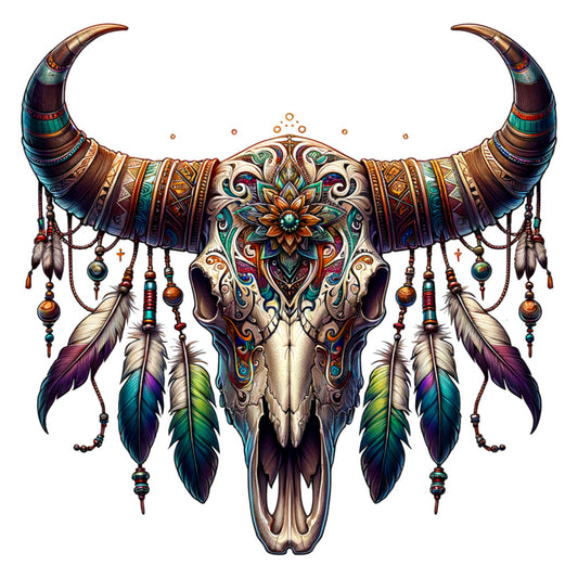 bull skull, bovine skull, feathers, dreamcatcher, tribal patterns, mandala design, turquoise, teal, orange, purple, brown, ornate decorations, beads, southwestern style, native american inspired, boho fabric, fabric panel, detailed artwork, mystical design, colorful skull art