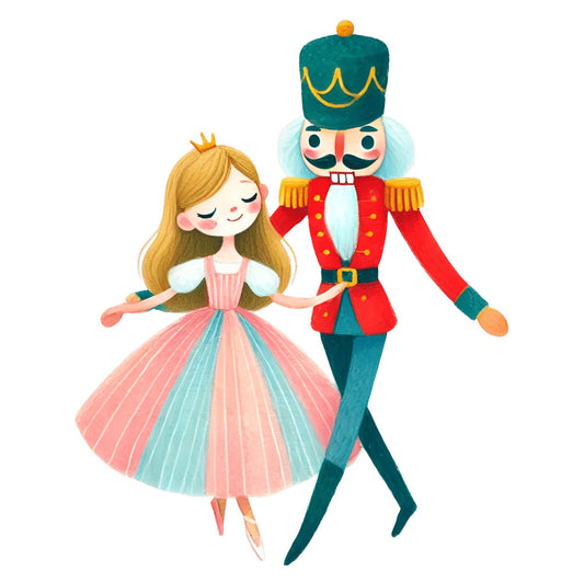 nutcracker, ballet, princess, golden yellow, coral pink, teal green, red, white, cream, vintage, whimsical, storybook, children, fairy tale, classic, elegant, holiday, christmas, festive, dance, costume, girl, couple, sweet, charming, traditional, illustration, decorative, nostalgic