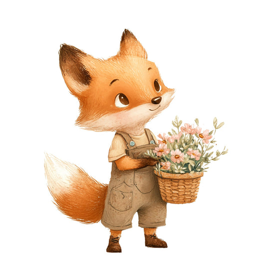 fox, woodland animals, garden, flowers, floral, basket, carnations, pink flowers, cream, tan, beige, rust orange, brown, whimsical, children's, cute animals, nursery, baby, storybook, illustration, character, spring, summer, nature, farmhouse, country, garden theme, animal motif, dressed animals, gentle