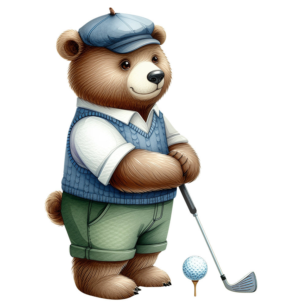 bear, golf, sports, animals, whimsical, cute, children, blue, green, cream, tan, brown, vintage, retro, golfer, golf ball, golf club, preppy, casual, leisure, humorous, funny, character, illustration, storybook, playful, kids, boy, nursery, casual wear