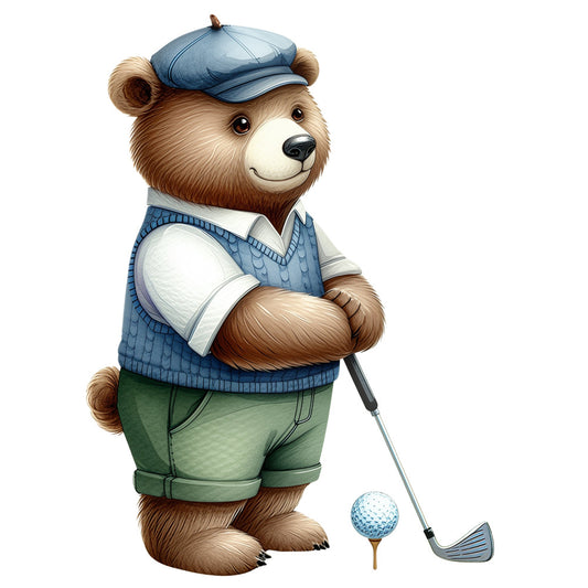 bear, golf, sports, animals, whimsical, cute, children, blue, green, cream, tan, brown, vintage, retro, golfer, golf ball, golf club, preppy, casual, leisure, humorous, funny, character, illustration, storybook, playful, kids, boy, nursery, casual wear