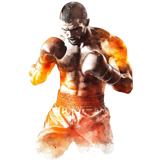 boxer, boxing, sports, athletic, masculine, strength, fighting, combat sport, gold, orange, brown, rust, amber, watercolor, abstract, modern, motivational, gym, fitness, action, dynamic, energetic, portrait, figure, human form, contemporary style, inspirational, power, determination, competitive spirit