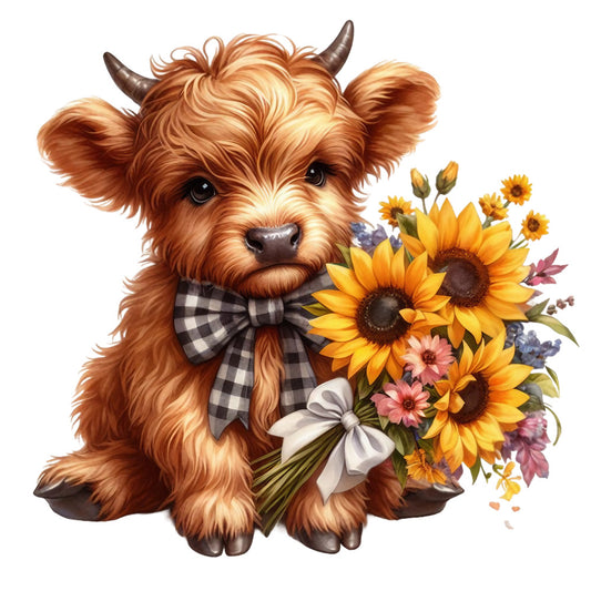 Rustic Sunflower Highland Cows Fabric Panel 18