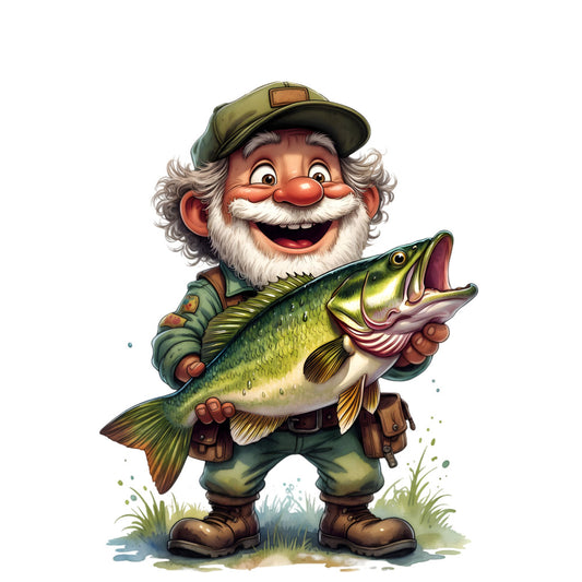 fishing, fisherman, outdoor, nature, whimsical, character, novelty, green, brown, tan, cream, rustic, vintage, hobby, leisure, man, beard, humorous, funny, quirky, sports, water, fish, bass, countryside, folk art, playful, adventure, lodge