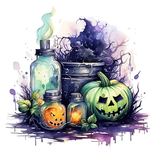 halloween, jack-o-lantern, pumpkin, spooky, witchy, potion bottles, magical, dark purple, sage green, lime green, orange, navy blue, autumn, fall, festive, whimsical, gothic, mystical, moonlit, celestial, twisted branches, gourds, glowing, eerie, enchanted, seasonal, trick-or-treat, costume, creepy, watercolor