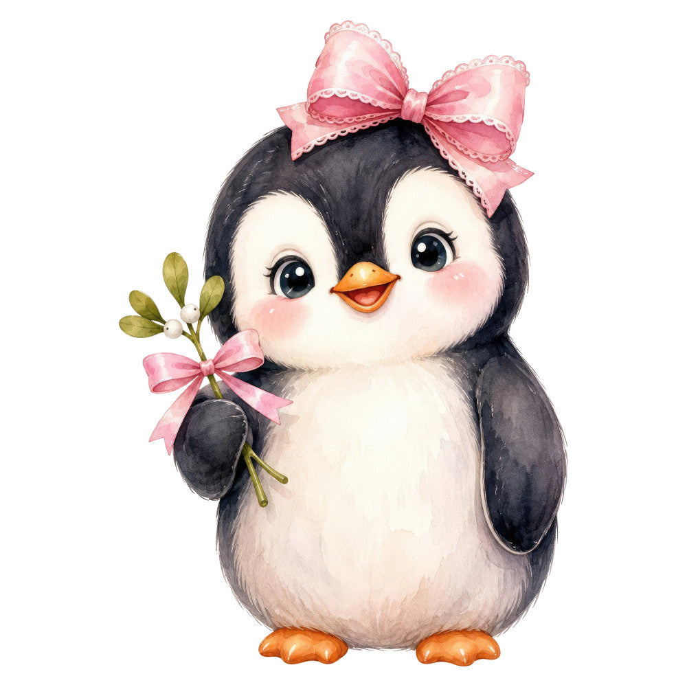 cute penguin, black and white, coral orange, dusty rose, pink bow, whimsical, animal, bird, spring, baby, nursery, floral sprigs, feminine, sweet, adorable, children's, vintage style, gentle, soft pastels, cheerful, decorative panel, illustration, watercolor style, gift fabric, baby quilt, wall hanging, greeting card, appliqué, character fabric