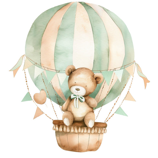 hot air balloon, teddy bear, sage green, cream, peach, soft brown, whimsical, nursery, baby, vintage, gentle, cute animals, adventure, sky, dreamy, pastel colors, bunting flags, hearts, clouds, gender neutral, baby shower, children's, storybook, soft colors, sweet, decorative, wall hanging, baby quilt, springtime, soft aesthetic