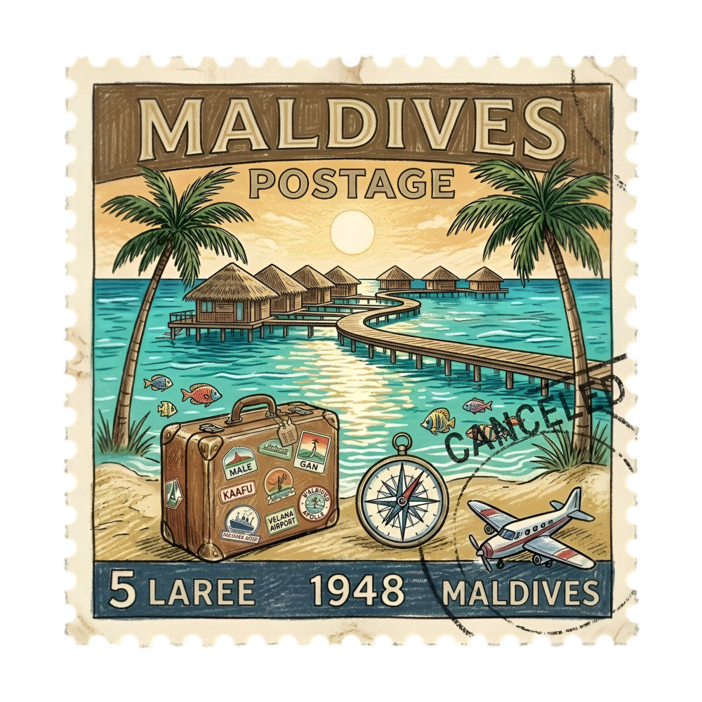vintage postage stamp, maldives, tropical, travel, nautical, turquoise, tan, cream, brown, green, retro, 1948, island, palm trees, ocean, water, compass, suitcase, airplane, travel theme, adventure, beach, boathouse, summer, vintage travel, whimsical, mid-century, collectible, nostalgic, wanderlust