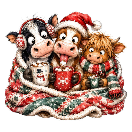christmas, holiday, cows, cattle, animals, farm animals, farmhouse, whimsical, cute, red, cream, forest green, dark green, brown, gold, knit sweater pattern, Fair Isle, hot chocolate, marshmallows, cozy, winter, festive, seasonal, children's fabric, playful, rustic, charming, snowflakes, decorative panel, novelty print