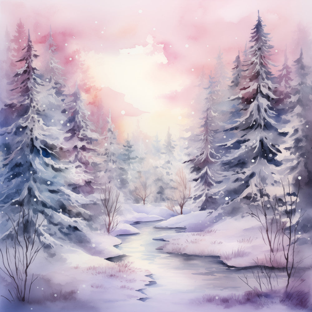 winter landscape, snowy forest, evergreen trees, frozen stream, pink sky, lavender, dusty purple, soft blue, mauve, pale pink, cream white, winter scenery, nature scene, peaceful landscape, watercolor style, misty forest, snow-covered trees, holiday, winter, christmas, serene, ethereal, whimsical, romantic, elegant, soft pastoral, conifer trees, frozen water, snowfall, twilight