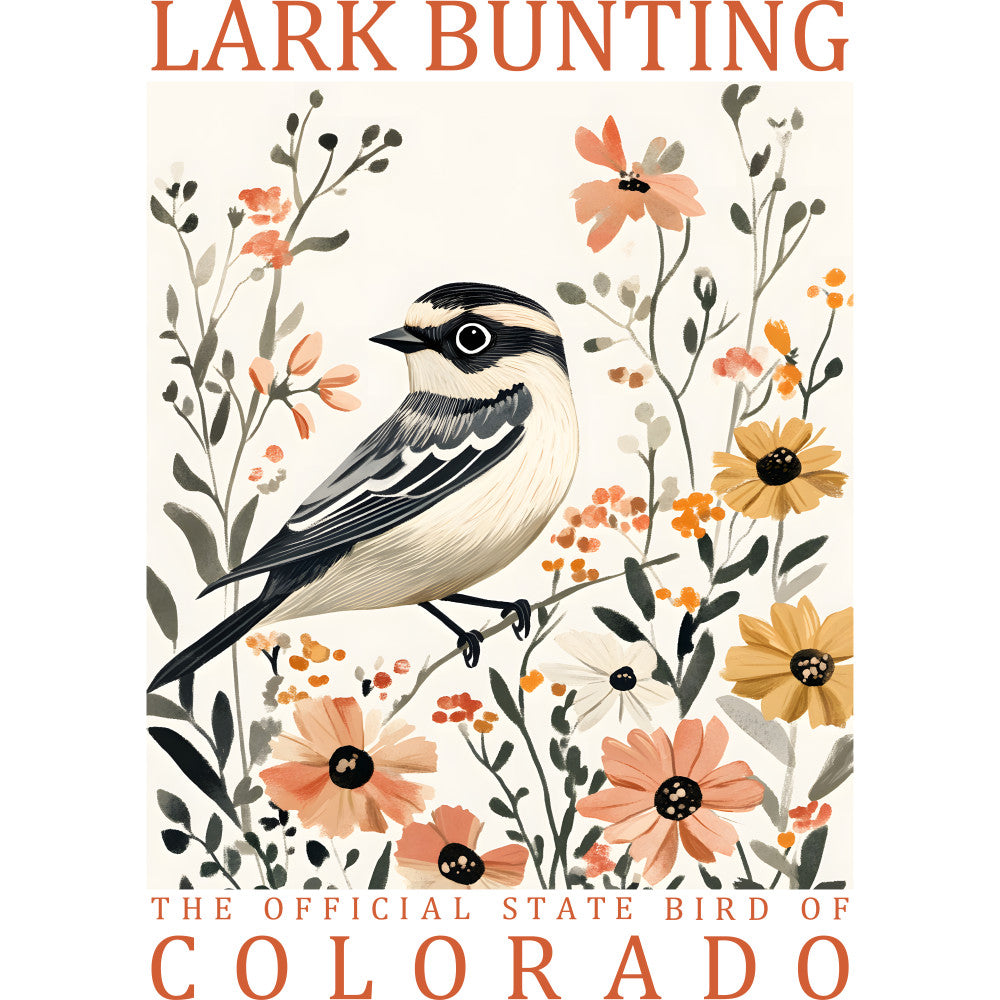 lark bunting, state bird, colorado, bird illustration, floral design, coral flowers, peach blooms, sage green, cream background, botanical elements, wildflowers, nature scene, fabric panel, quilting cotton, watercolor style, spring flowers, songbird, ornithology, craft fabric, sewing panel