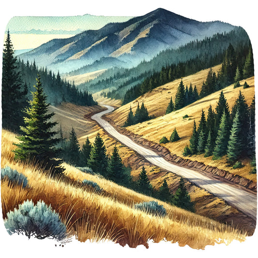 forest green, golden yellow, mountain blue, sage green, winding road, evergreen trees, mountain landscape, rolling hills, scenic vista, watercolor style, nature scene, outdoor adventure, colorado scenery, fabric panel, quilting cotton, earth tones, peaceful mood, alpine setting, rustic charm, mountain valleys