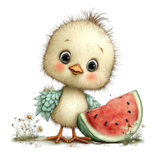 cute chick, baby bird, watermelon, spring, summer, whimsical, farmhouse, children's, nursery, animal, nature, cream, turquoise, coral pink, orange, green, cheerful, sweet, playful, daisy flowers, baby quilt, wall hanging, woodland, pastoral, illustration style, gentle, soft colors, decorative