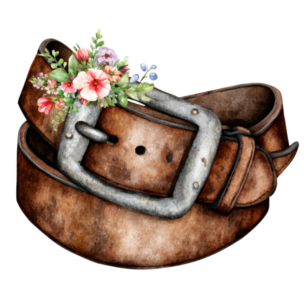 brown leather belt, metallic silver buckle, coral pink flowers, pale pink blooms, red flowers, green foliage, blue berries, rustic, vintage, farmhouse, whimsical, country style, floral arrangement, spring flowers, botanical, nature themed, garden motif, decorative buckle, leather accessories, folk art, cottage core, decorative panel, western style, country western, romantic, pastoral, earth tones, warm brown, aged metal
