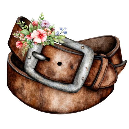 brown leather belt, metallic silver buckle, coral pink flowers, pale pink blooms, red flowers, green foliage, blue berries, rustic, vintage, farmhouse, whimsical, country style, floral arrangement, spring flowers, botanical, nature themed, garden motif, decorative buckle, leather accessories, folk art, cottage core, decorative panel, western style, country western, romantic, pastoral, earth tones, warm brown, aged metal