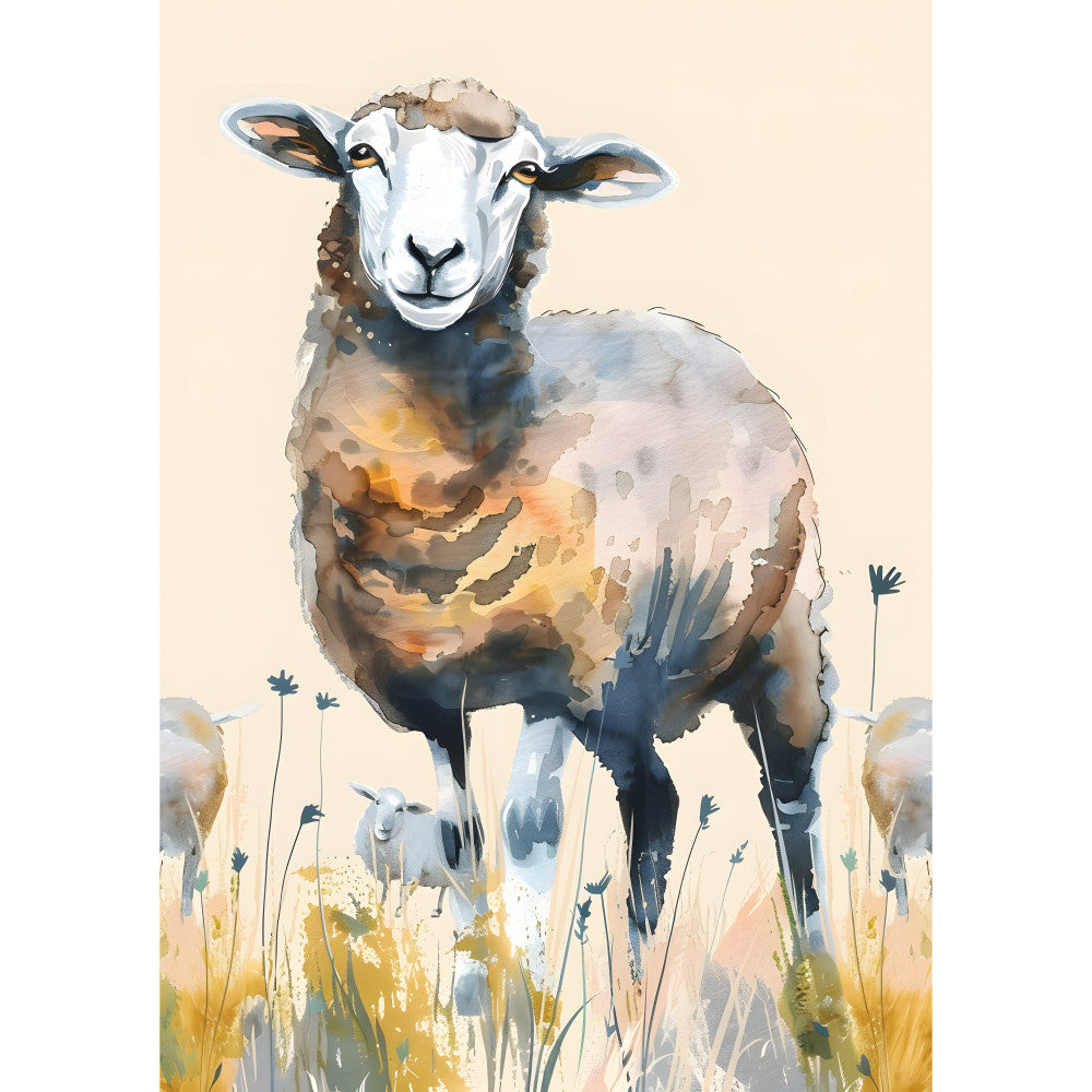 sheep, livestock, farm animals, pastoral, countryside, watercolor, farmhouse, rustic, cream, beige, tan, golden yellow, warm brown, sage green, teal, nature, pastoral scenes, wildflowers, meadow, grazing animals, whimsical, artistic, hand-painted, soft colors, muted tones, spring, summer, wall hanging, home decor, animal lovers