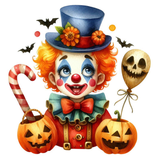 halloween, clown, whimsical, autumn, fall, orange, blue, red, green, pumpkin, jack-o-lantern, candy cane, skull balloon, bat, top hat, floral, festive, spooky, playful, vintage, folk art, cheerful, seasonal, holiday, decorative, children's, trick-or-treat, costume, carnival, novelty