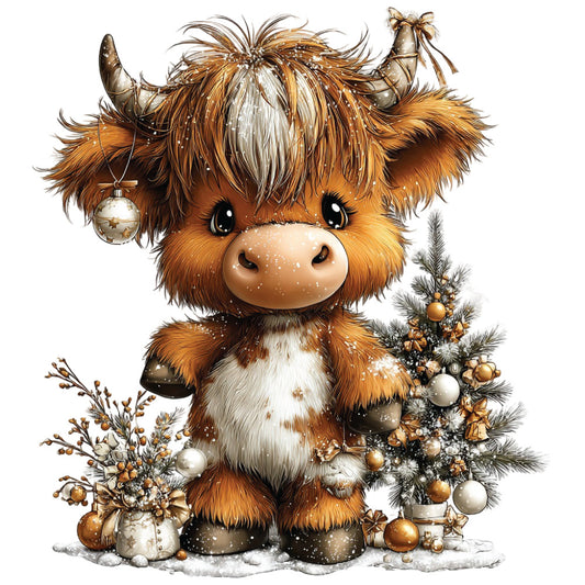 christmas highland cow, fabric panel, quilting cotton, brown fur, orange tones, cream white, festive decorations, christmas ornaments, pine branches, holiday baubles, cute animal, shaggy hair, horns, winter scene, snowflakes, golden ornaments, christmas tree, adorable character, seasonal design, holiday crafting