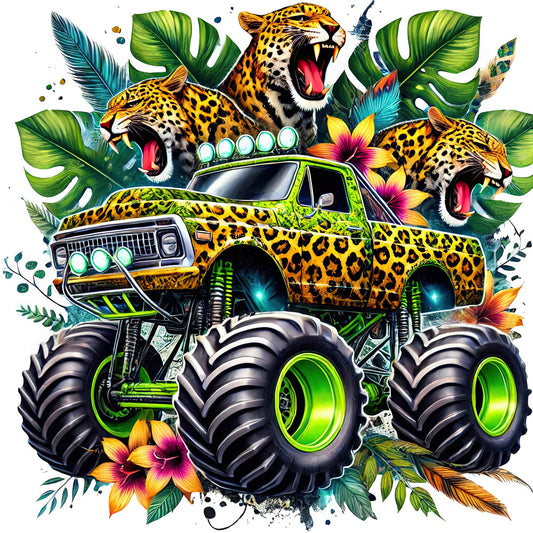 leopard print, lime green, neon green, bright yellow, golden yellow, hot pink, magenta, teal blue, jungle animals, wild cats, leopards, monster truck, vehicle, tropical leaves, monstera, colorful flowers, bold pattern, vibrant, whimsical, playful, fun, nature-inspired, animal print, large scale print, eye-catching, adventurous, youth-themed, tropical theme, wild animals, automotive theme