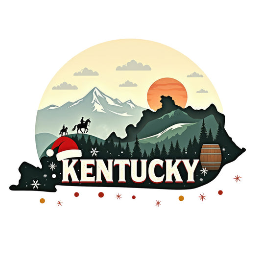 Christmas US States Fabric Panel 35 featuring Kentucky with festive holiday elements and scenic mountain landscape design.