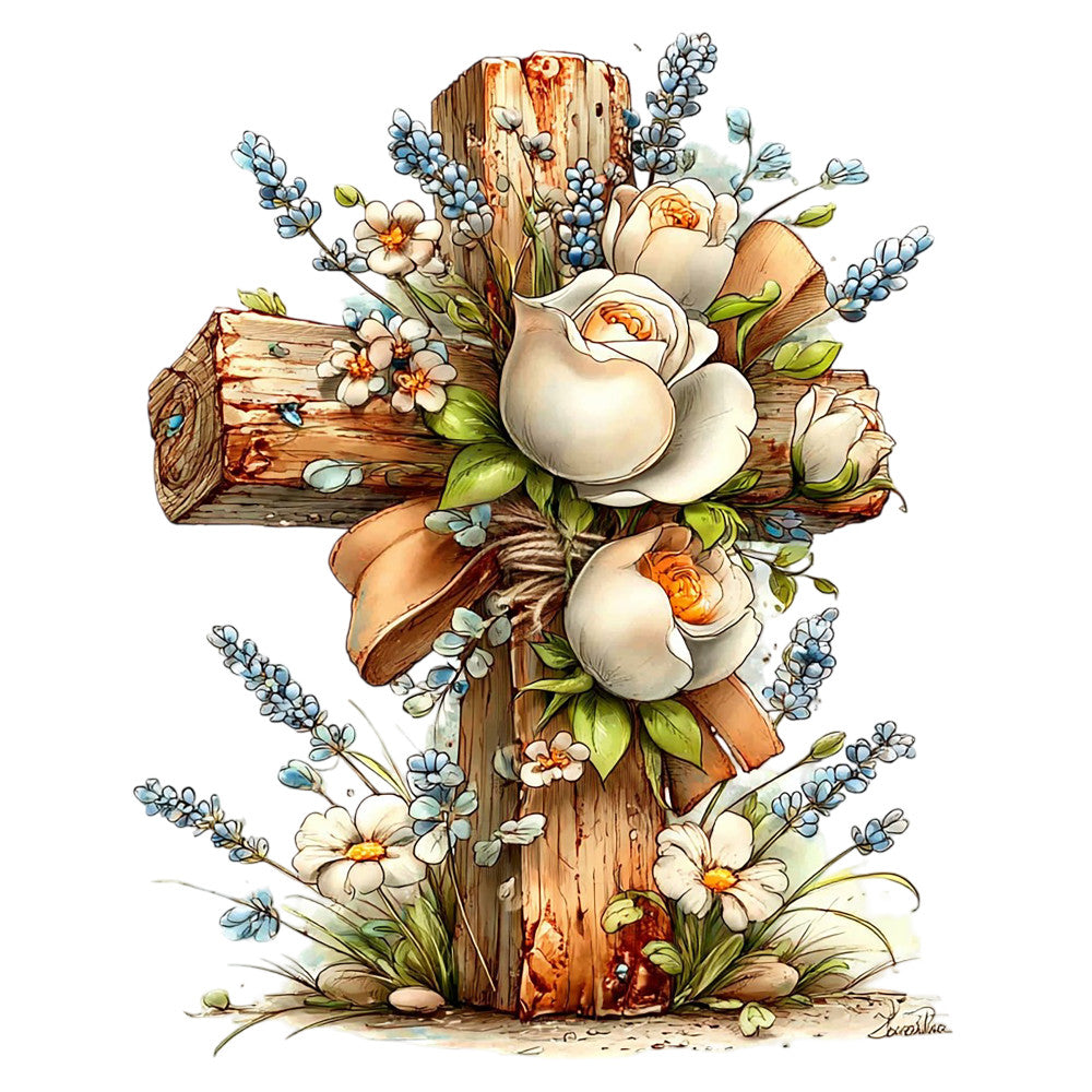 wooden cross, floral arrangement, cream roses, peach roses, blue eucalyptus, weathered wood, rustic cross, fabric panel, quilting cotton, botanical design, spring flowers, watercolor style, religious motif, distressed wood, soft pastels, garden flowers, cotton fabric, crafting panel, easter theme, shabby chic