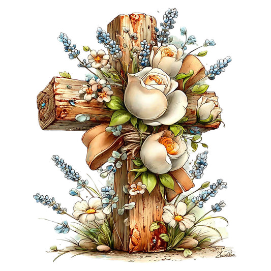 wooden cross, floral arrangement, cream roses, peach roses, blue eucalyptus, weathered wood, rustic cross, fabric panel, quilting cotton, botanical design, spring flowers, watercolor style, religious motif, distressed wood, soft pastels, garden flowers, cotton fabric, crafting panel, easter theme, shabby chic