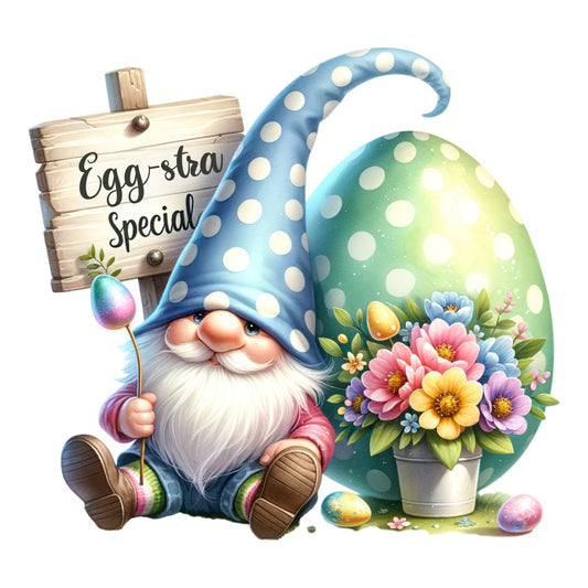 easter gnome, spring flowers, polka dot hat, blue hat, white beard, colorful eggs, wooden sign, fabric panel, quilting cotton, whimsical illustration, pastel colors, floral bouquet, garden gnome, holiday themed, cheerful design, bright green, sky blue, pink flowers, yellow blooms, festive spring