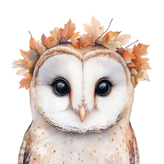 owl, barn owl, autumn leaves, fall, harvest, cream, white, tan, beige, bronze, rust, orange, brown, woodland, nature, animal, whimsical, adorable, cute, bird, forest, seasonal, autumn theme, fall decor, children's, kids, storybook, illustrated, painterly, watercolor style