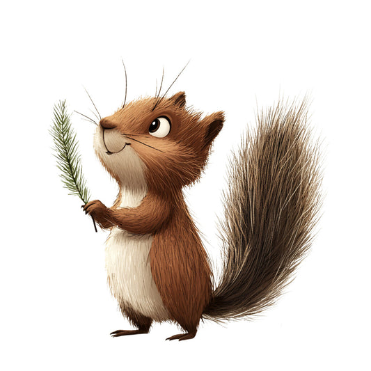 brown squirrel, cream white, evergreen sprig, cartoon illustration, woodland animal, fluffy tail, cute character, fabric panel, quilting cotton, forest theme, children's design, whimsical art, nature motif, animal portrait, soft colors, nursery fabric, crafting material, adorable expression, winter elements, bushy fur