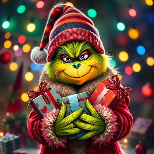 grinch, lime green, red, multicolor, holiday, christmas, character panel, whimsical, festive, striped hat, gift boxes, seasonal, winter, children's fabric, novelty print, cheerful, vibrant, animated character, red coat, fuzzy texture, blue eyes, smiling character, december, xmas, storybook, playful, joyful, colorful lights, bokeh background, kids quilt