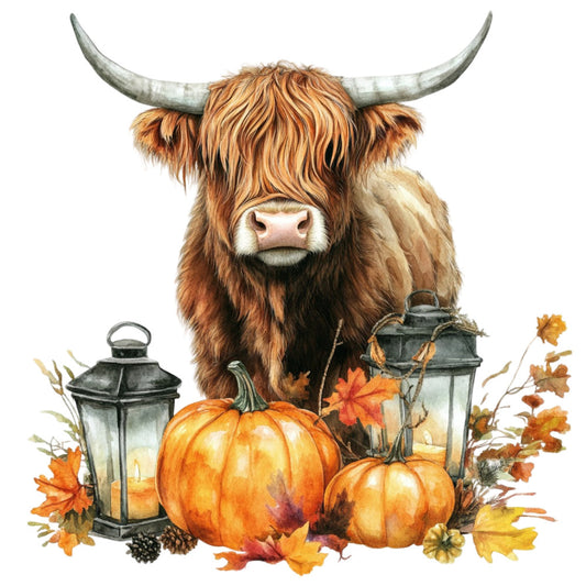 highland cattle, rustic farmhouse, autumn, fall, pumpkins, orange, brown, cream, tan, lanterns, cozy, country, livestock, seasonal decor, thanksgiving, harvest, leaves, fall foliage, warm tones, bucolic, pastoral, decorative panel, traditional, rustic style, farm animals, autumn harvest, golden orange, dark brown, burnt orange