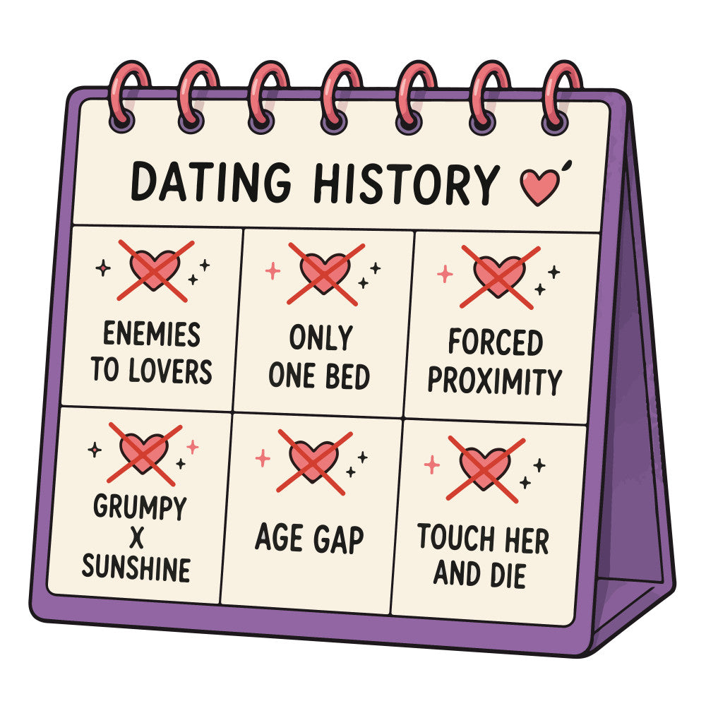 dating history, humor, funny, contemporary, comic, relationship, romance, romantic, valentines, love, hearts, crossed out hearts, red hearts, purple border, cream background, black text, modern humor, witty, sarcastic, couple gift, anniversary, engagement, breakup, indie, alternative style, minimalist, line art, typography, conversation starter, novelty