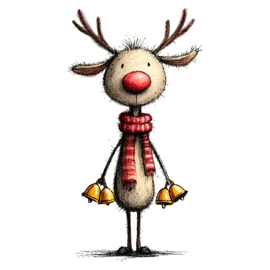 reindeer, red nose, christmas, holiday, whimsical, cute, children's, festive, cream beige, red, gold, brown, bell motifs, scarf, antique, vintage, playful, jolly, seasonal, winter, baby, cheerful, animal themed, decorative, rustic charm, folk art, illustration style