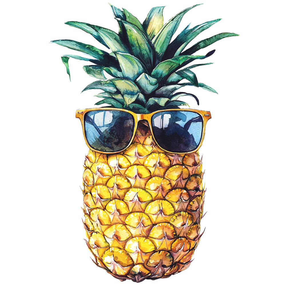pineapple, sunglasses, tropical fruit, golden yellow, emerald green, turquoise blue, orange frame, watercolor style, hawaiian theme, summer vibes, fabric panel, quilting cotton, beach motif, cool pineapple, tropical paradise, bright colors, fun design, vacation theme, island style, whimsical art