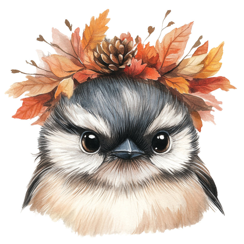 autumn leaves, fall colors, bird, owl, woodland creature, nature, whimsical, cute, orange, gold, brown, cream, white, black, burnt orange, rust, tan, harvest, seasonal, autumn, fall, leaf crown, floral crown, boho, bohemian, charming, children's, nursery, decorative panel, wall art