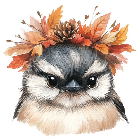 autumn leaves, fall colors, bird, owl, woodland creature, nature, whimsical, cute, orange, gold, brown, cream, white, black, burnt orange, rust, tan, harvest, seasonal, autumn, fall, leaf crown, floral crown, boho, bohemian, charming, children's, nursery, decorative panel, wall art