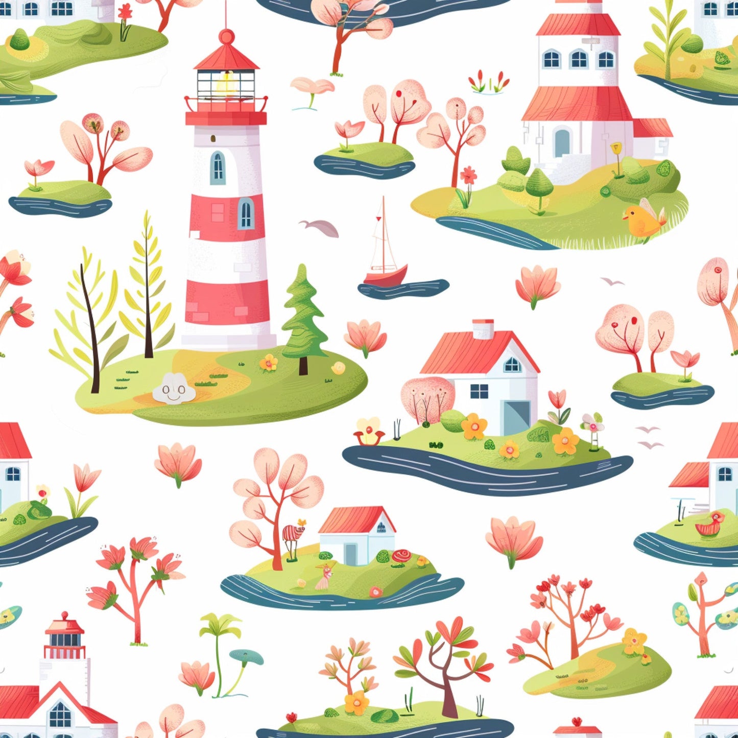 Springtime Lighthouse Scene Pattern 11 Quilting Cotton Fabric